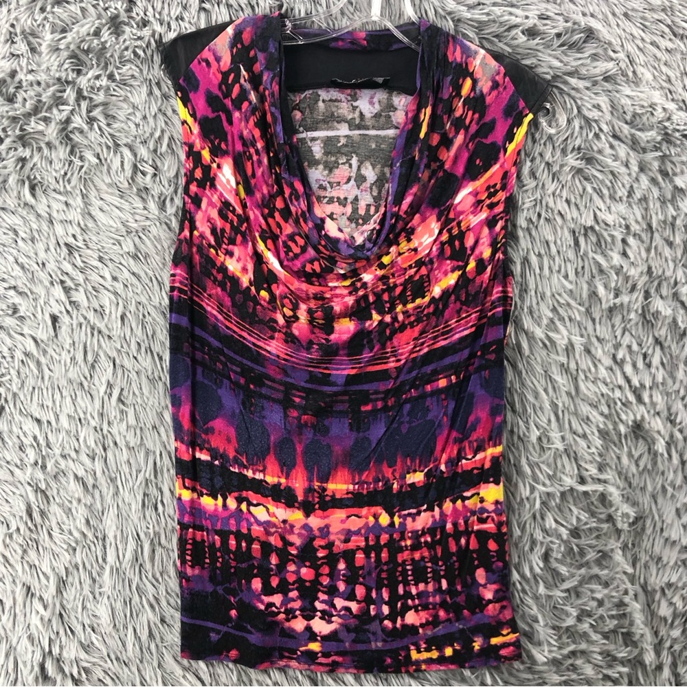 Rock & Republic Shirt Womens Small Abstract Slouch Neck Faux Leather Sleeveless